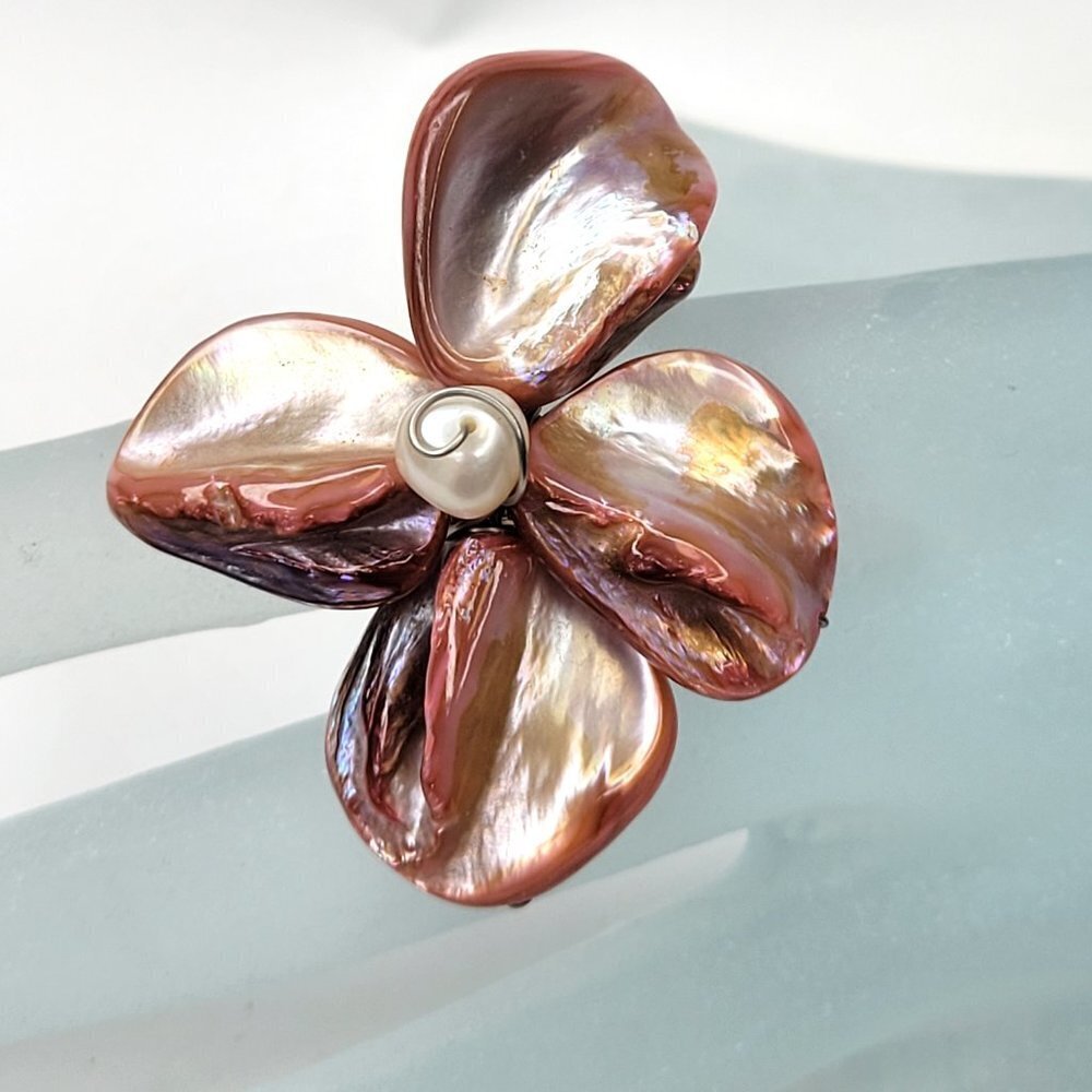 Pearl Ring  Pink Shell with Freshwater Pearl Bead Flower Adjustable Ring
